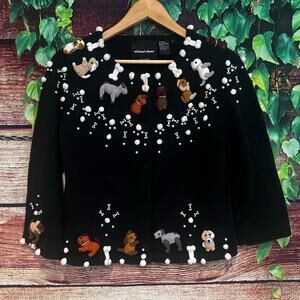 Vintage Michael Simon Sweater Small 3D Dog Bone Motifs Embroidered Cardigan